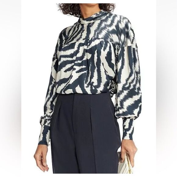 Maison d’ Amelie Women’s Small Blue Cream High Neck 5 Button Cuffs Blouse Sz Sm - Picture 1 of 14